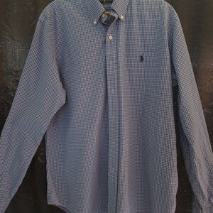 Ralph Lauren Easy Care Blue Check Button Down Shirt Mens L Cotton Logo Preppy